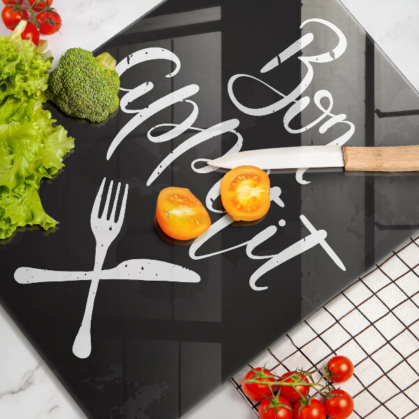 Skärbräda i glas Inskriptionen "Bon appetit"