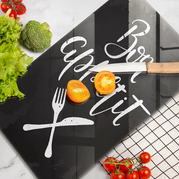 Skärbräda i glas Inskriptionen "Bon appetit"