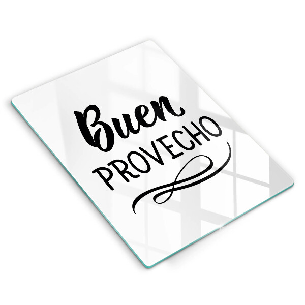 Skärbräda i glas Inskriptionen Buen provecho