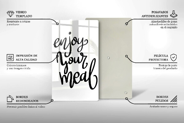 Skärbräda i glas Inskriptionen Njut av din måltid