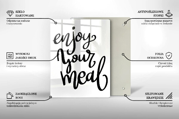 Skärbräda i glas Inskriptionen Njut av din måltid