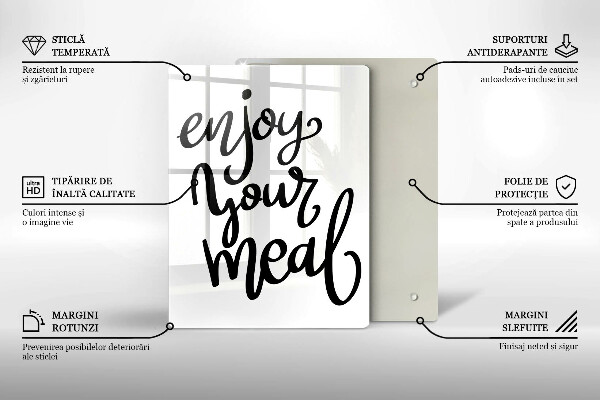 Skärbräda i glas Inskriptionen Njut av din måltid