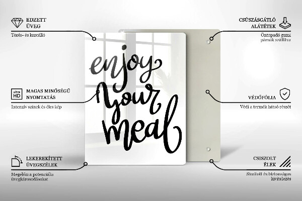 Skärbräda i glas Inskriptionen Njut av din måltid