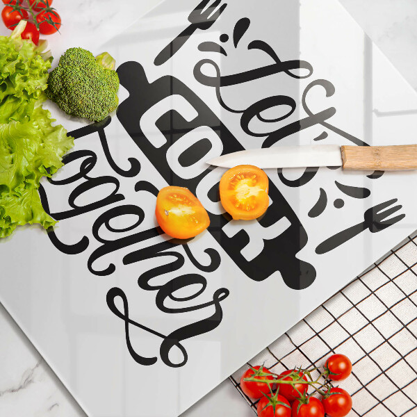 Skärbräda i glas Inskriptionen Låt oss laga mat tillsammans