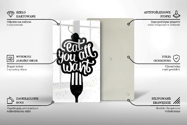 Skärbräda i glas Inskriptionen Ät alla vill ha