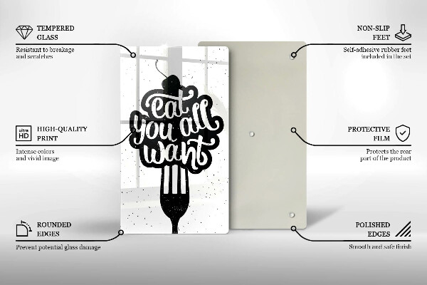 Skärbräda i glas Inskriptionen Ät alla vill ha