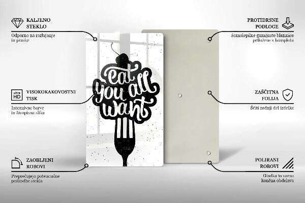 Skärbräda i glas Inskriptionen Ät alla vill ha