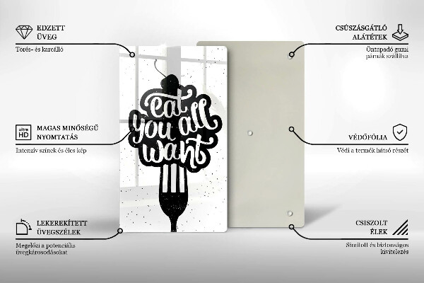 Skärbräda i glas Inskriptionen Ät alla vill ha