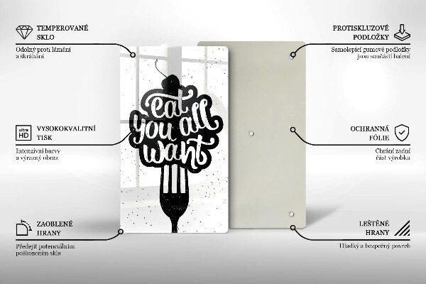 Skärbräda i glas Inskriptionen Ät alla vill ha