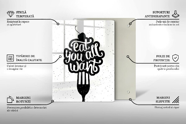 Skärbräda i glas Inskriptionen Ät alla vill ha