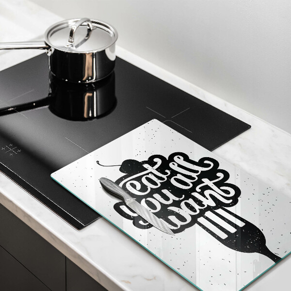 Skärbräda i glas Inskriptionen Ät alla vill ha