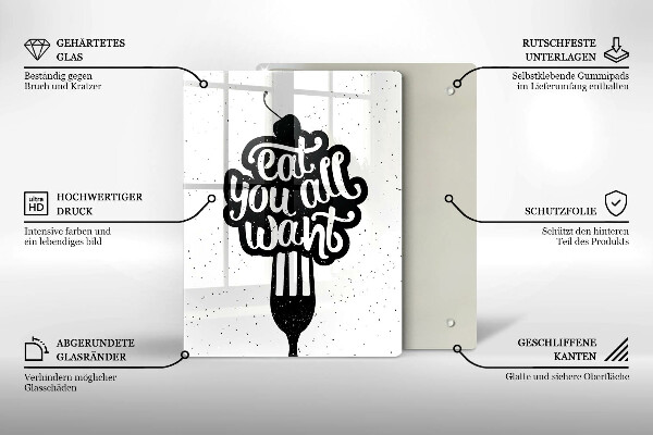 Skärbräda i glas Inskriptionen Ät alla vill ha