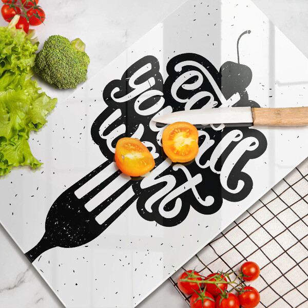 Skärbräda i glas Inskriptionen Ät alla vill ha