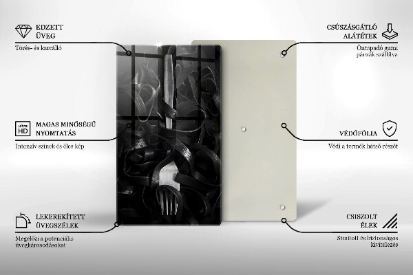 Skärbräda i glas Svart pasta och gaffel