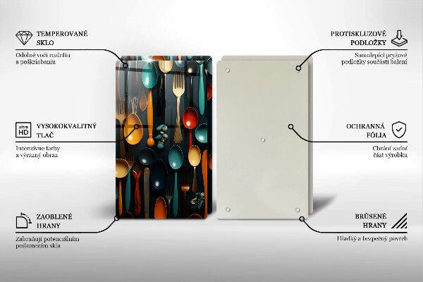 Skärbräda glas Färgglada skedar och gafflar