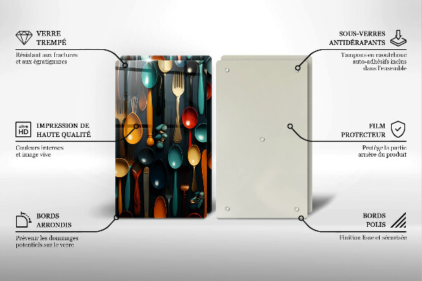 Skärbräda glas Färgglada skedar och gafflar