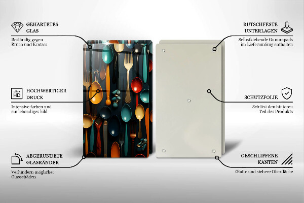 Skärbräda glas Färgglada skedar och gafflar