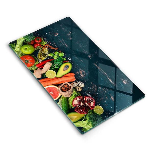 Skärbräda i glas med motiv av frukt och grönsaker