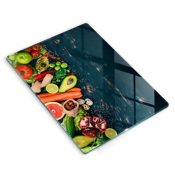 Skärbräda i glas med motiv av frukt och grönsaker