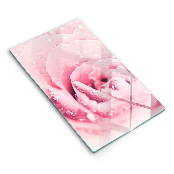 Glasskärbräda med motiv av daggdroppar och rosblomma