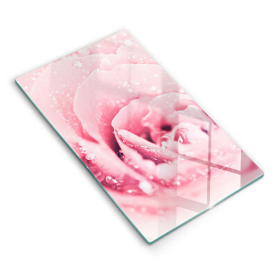 Glasskärbräda med motiv av daggdroppar och rosblomma