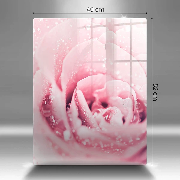 Glasskärbräda med motiv av daggdroppar och rosblomma