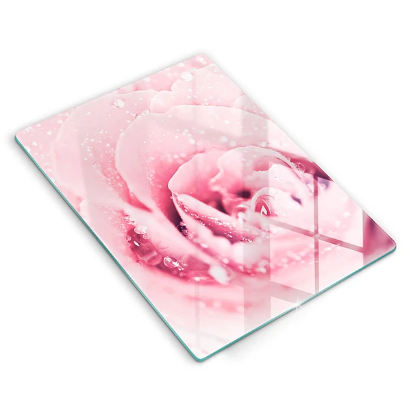 Glasskärbräda med motiv av daggdroppar och rosblomma