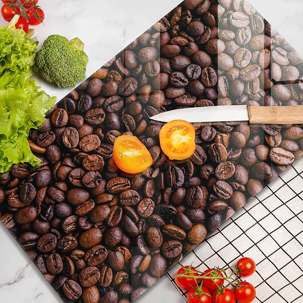 Glasskärbräda med motiv av kaffebönor