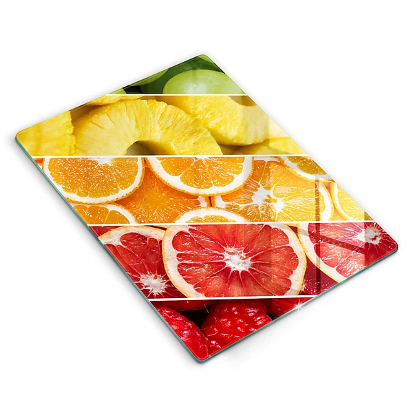 Glasskärbräda med motiv av färgglada frukter