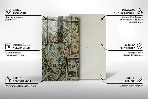 Skärbräda i glas med motiv av dollarpengar