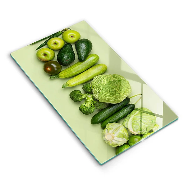 Glasskärbräda med motiv av gröna frukter och grönsaker