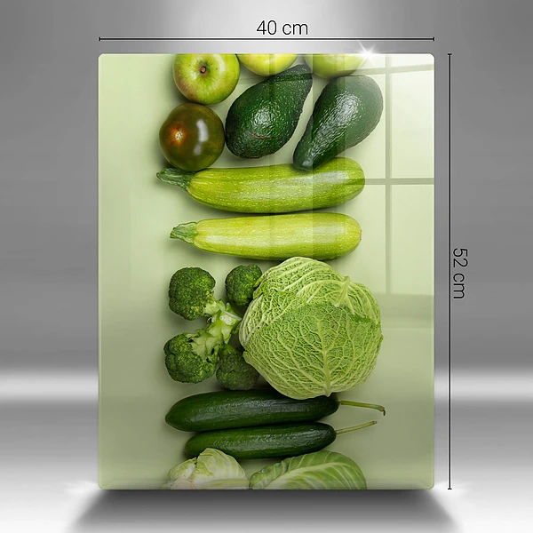 Glasskärbräda med motiv av gröna frukter och grönsaker