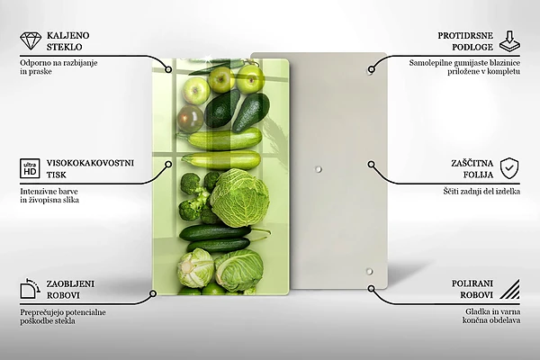 Glasskärbräda med motiv av gröna frukter och grönsaker