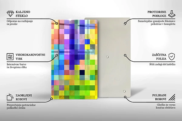 Glasskärbräda med motiv av färgade kvadrater och pixlar