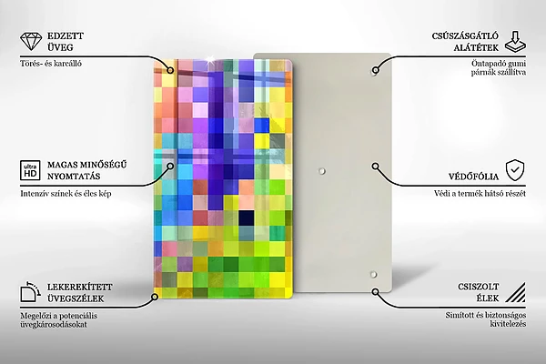 Glasskärbräda med motiv av färgade kvadrater och pixlar