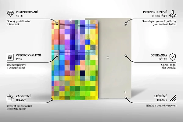 Glasskärbräda med motiv av färgade kvadrater och pixlar