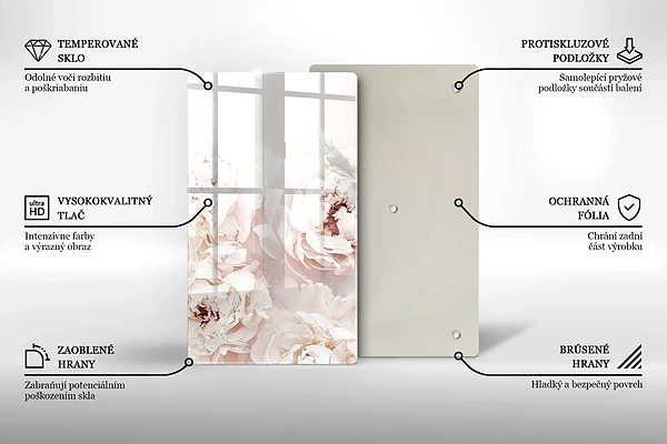 Glasskärbräda med motiv av pastellfärgade pioner