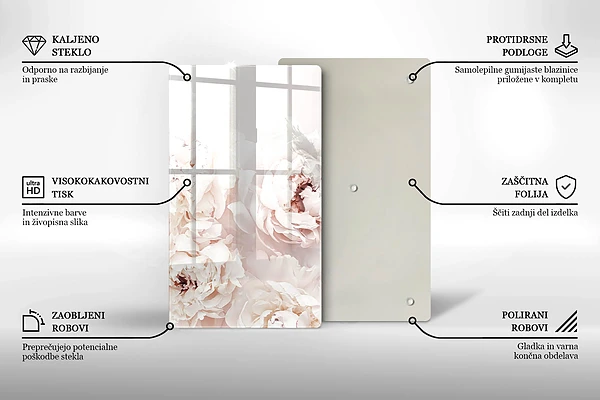 Glasskärbräda med motiv av pastellfärgade pioner