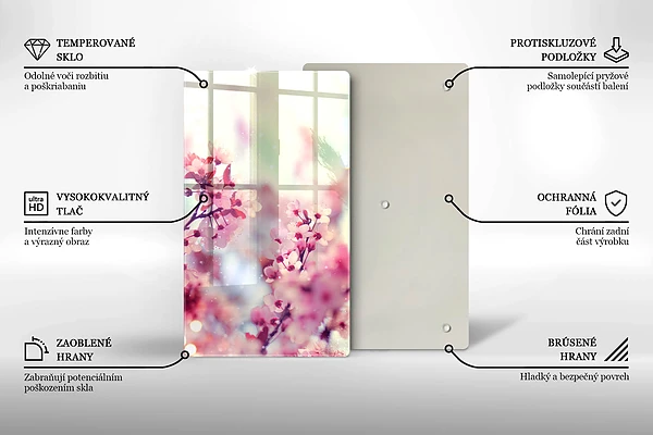 Glasskärbräda med motiv av vårrosa blommor