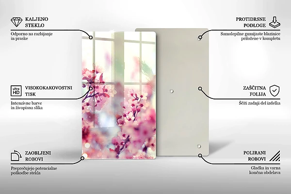 Glasskärbräda med motiv av vårrosa blommor