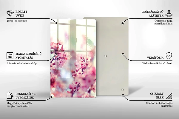 Glasskärbräda med motiv av vårrosa blommor