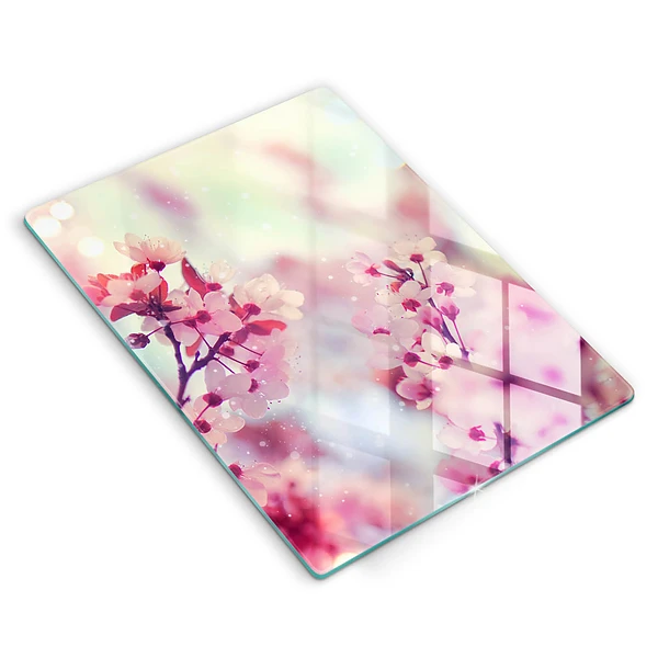 Glasskärbräda med motiv av vårrosa blommor