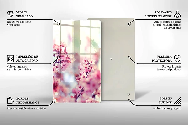 Glasskärbräda med motiv av vårrosa blommor