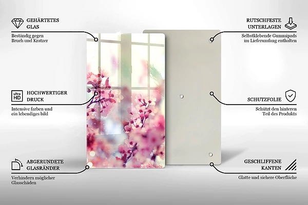 Glasskärbräda med motiv av vårrosa blommor
