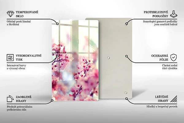Glasskärbräda med motiv av vårrosa blommor