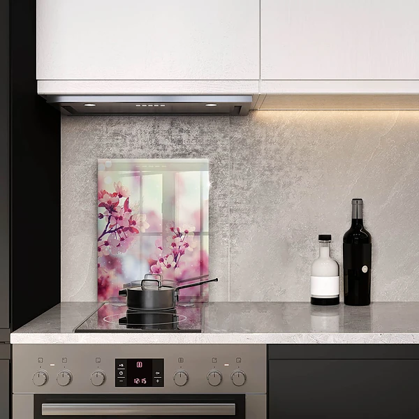 Glasskärbräda med motiv av vårrosa blommor