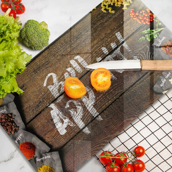 Skärbräda i härdat glas Bon Appetit-tecken på brädorna