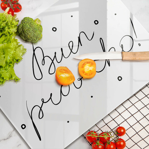 Skärbräda i härdat glas Inskriptionen Buen provecho!