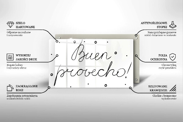 Skärbräda i härdat glas Inskriptionen Buen provecho!