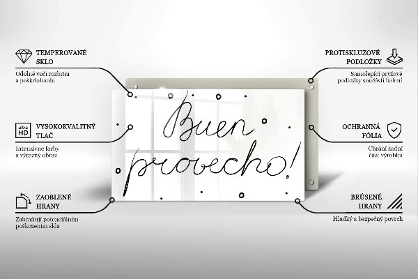 Skärbräda i härdat glas Inskriptionen Buen provecho!